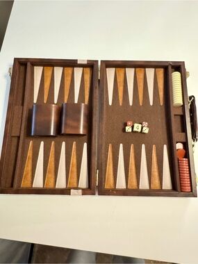 Vintage Classic Brown Leather Backgammon Set with Dice and Checkers